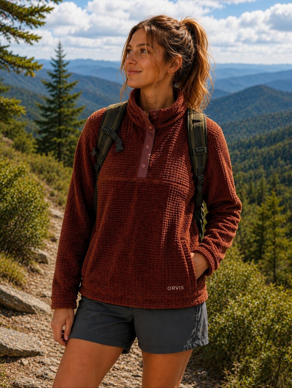 ORVIS Fleece Pullover Rust Textured Snap Neck Jacket Women’s XL Outdoor Hiking